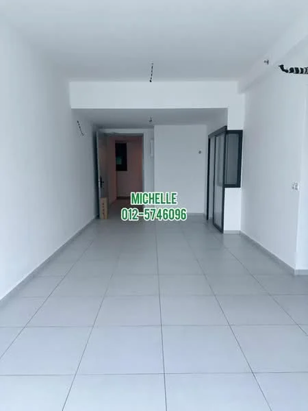 Room features: white painted walls, grey floor tiles, recessed downlights, large windows, open layout, no visible furniture, neutral color scheme, smooth ceiling; style: modern.