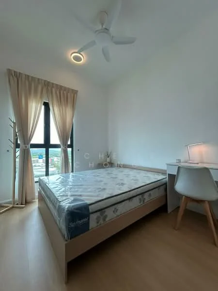 Bedroom features: queen-size bed, light wood bed frame, white bedding, ceiling fan, recessed ceiling light, floor-to-ceiling window, curtains, wooden flooring, study desk, white chair, clothes rack; style: modern; view: city.