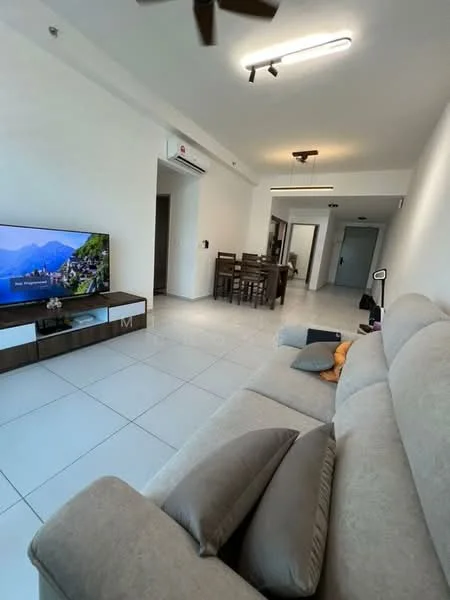 Living features: light grey fabric sofa, 3-seater sofa, coffee table, wall-mounted TV, TV console in dark wood, white painted walls, ceiling fan, recessed LED downlights, tile flooring, decorative wall art, area rug, open layout to dining area; style: modern. Dining features: wooden dining table for 6, upholstered dining chairs, white walls, ceiling light fixture, tile flooring; style: modern.