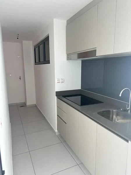Kitchen features: light grey cabinetry, stainless-steel sink, chrome pull-down faucet, black glass cooktop, grey countertop, white tiled backsplash, white walls, tile flooring, window with black frame, recessed lighting; style: modern.