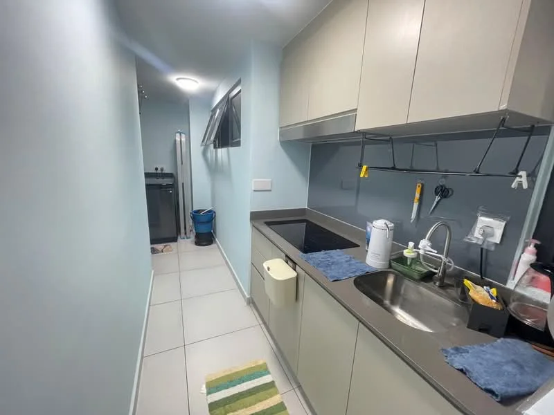 Kitchen features: light blue painted walls, grey laminate cabinetry, black countertop, single-bowl stainless-steel sink, chrome pull-down faucet, built-in oven, refrigerator, tile flooring, overhead cabinets, kitchen towel, cleaning supplies, window, under-sink storage; style: modern.