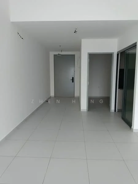Room features: white painted walls, grey tiled flooring, ceiling lights, door to hallway, door to adjacent room, sliding glass door, open layout; style: modern.