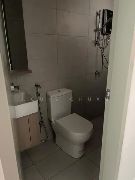 Bathroom features: wall-mounted toilet, single-sink vanity with wood cabinet, chrome basin mixer faucet, shower with handheld showerhead, tile cladding on walls, grey ceramic tile flooring, mirror above sink, water heater unit, shower wall with glass partition; style: modern.
