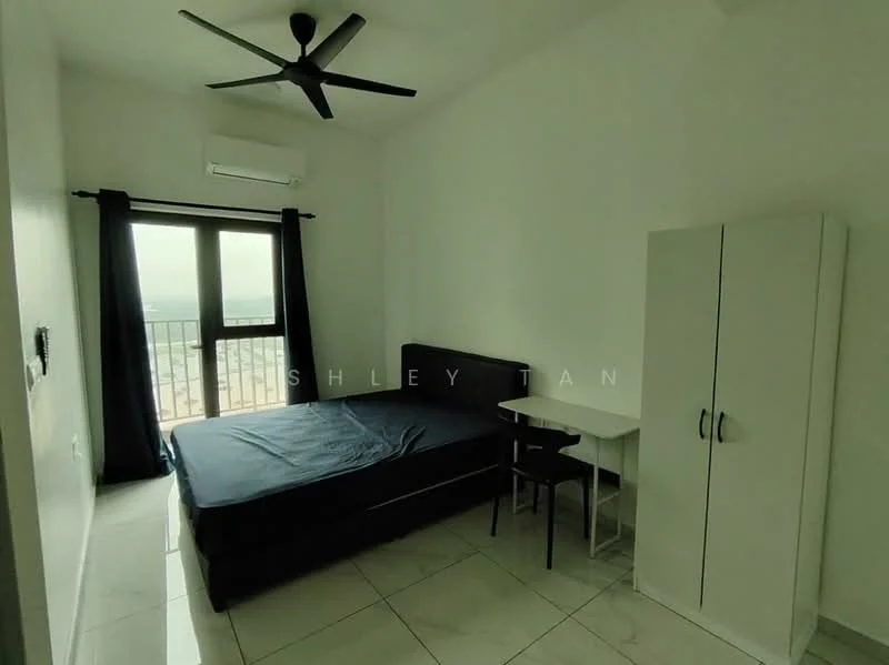 Bedroom features: queen-size bed, black upholstered headboard, white bedside table, white wardrobe, floor-to-ceiling window, blackout curtains, wall-mounted split AC, ceiling fan, white painted walls, glossy tile flooring; style: modern; view: city.