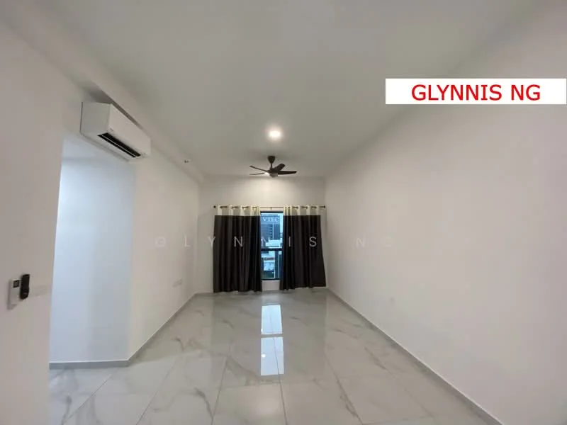 Living features: white painted walls, marble tile flooring, 5-blade ceiling fan with light, wall-mounted split AC, floor-to-ceiling windows, dark grey curtains, recessed downlights; style: modern.