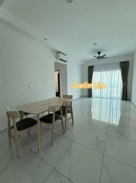 Dining features: white painted walls, marble tile flooring, 5-blade ceiling fan with light, dining table with four chairs, floor-to-ceiling windows, sheer curtains, sliding glass door, natural light; style: modern; view: city. Room features: white painted walls, marble tile flooring, 5-blade ceiling fan with light, floor-to-ceiling windows, sheer curtains, sliding glass door, natural light.