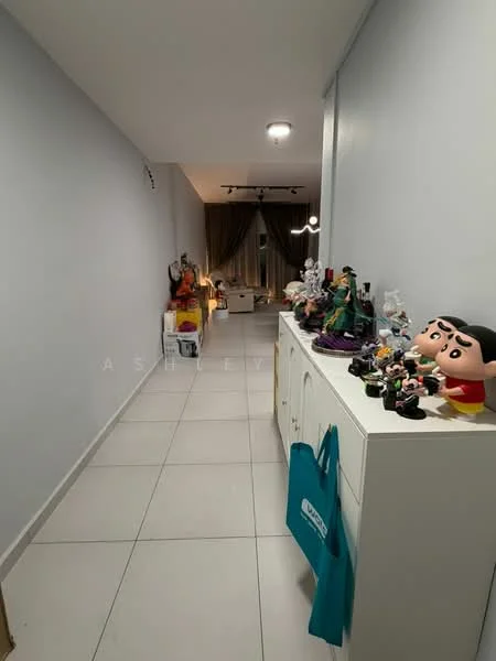 Room features: white painted walls, tile flooring, recessed ceiling lights, decorative figurines on display, console table, curtains, neutral color scheme; style: modern.