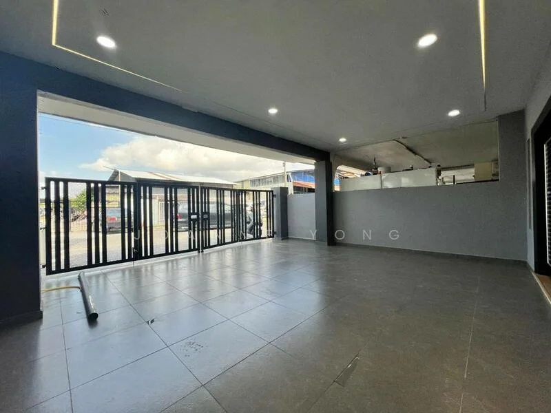 Room features: grey tiled flooring, white painted walls, recessed LED downlights, large glass sliding door, black metal grille, open layout, high ceiling, natural light from outside; style: modern; view: street.
