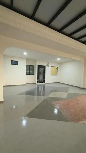 Room features: polished concrete flooring, white painted walls, exposed beam ceiling, recessed LED downlights, large windows, double-door entrance, open layout, neutral color scheme; style: modern.