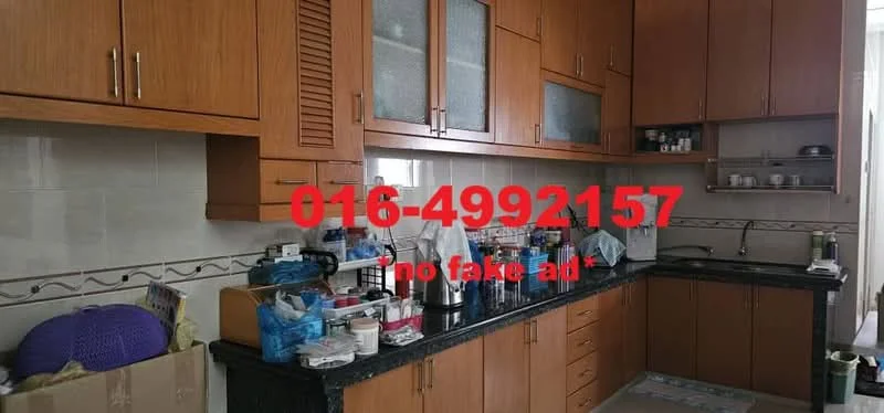 Kitchen features: wood cabinetry, black granite countertop, stainless-steel sink, chrome faucet, ceramic tile backsplash, wall-mounted cabinets, under-cabinet lighting, kitchen appliances visible, various containers and utensils on countertop; style: modern.