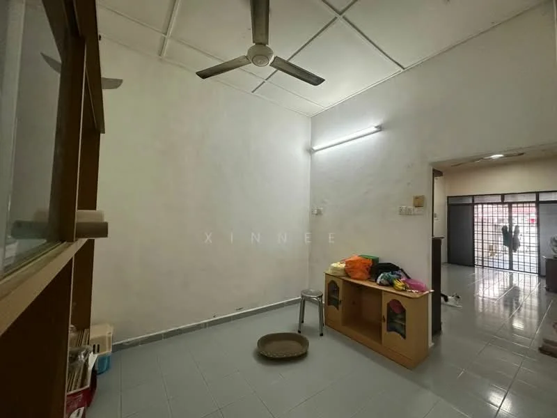 Room features: white painted walls, ceiling fan, tile flooring, recessed lighting, open space layout, wooden cabinet, stool, decorative items on cabinet; style: minimalist.