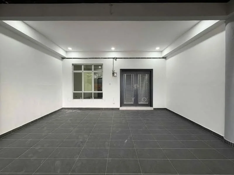 Room features: white painted walls, black tiled flooring, recessed LED downlights, large window with grid pattern, double doors with horizontal slats, wall-mounted light fixture; style: modern.