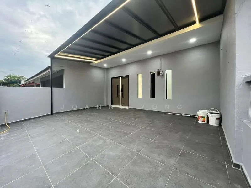 Exterior features: grey painted walls, slate tile flooring, covered patio with recessed lighting, two vertical windows, double glass doors, exposed ceiling beams, outdoor space with no landscaping, paint buckets visible; style: modern.