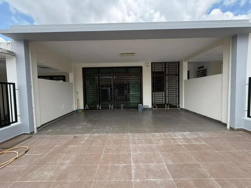 Room features: tiled flooring, white painted walls, large sliding glass doors, metal grilles on windows, overhead lighting, open layout, covered patio area, concrete ceiling, outdoor space, no visible furniture; style: modern.