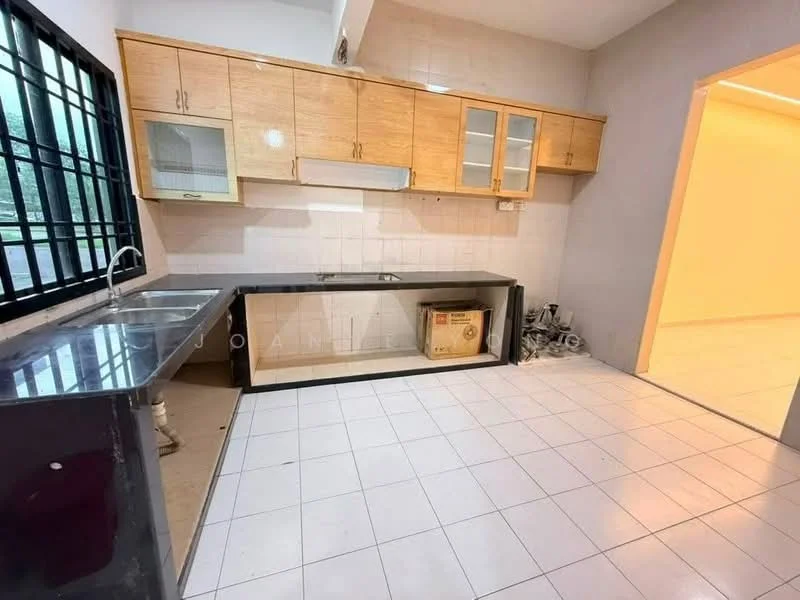 Kitchen features: laminate cabinetry in light wood finish, black countertop, single-bowl stainless-steel sink, chrome pull-down faucet, white tiled backsplash, white tiled flooring, window with black grille, built-in kitchen cabinet, open layout, space for refrigerator, space for stove; style: modern.