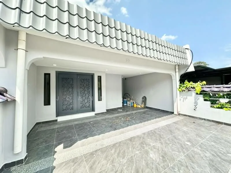 Exterior features: grey tiled roof, white painted facade, double main entrance doors with decorative design, grey stone flooring, two vertical windows beside the entrance, manicured landscaping with greenery, outdoor space with potential for seating, clean and modern aesthetic; style: modern.