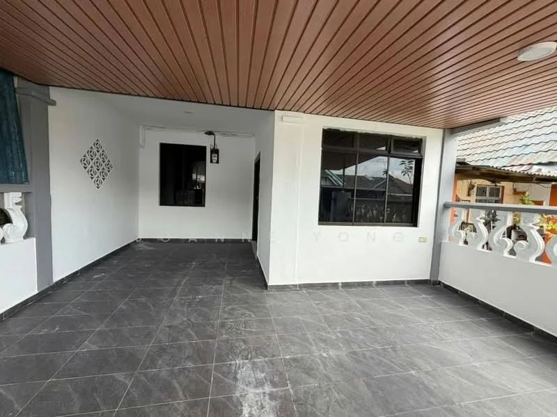 Room features: grey tiled flooring, wooden ceiling, white painted walls, large window, balcony railing, outdoor light fixture, sliding door, open layout; style: modern.