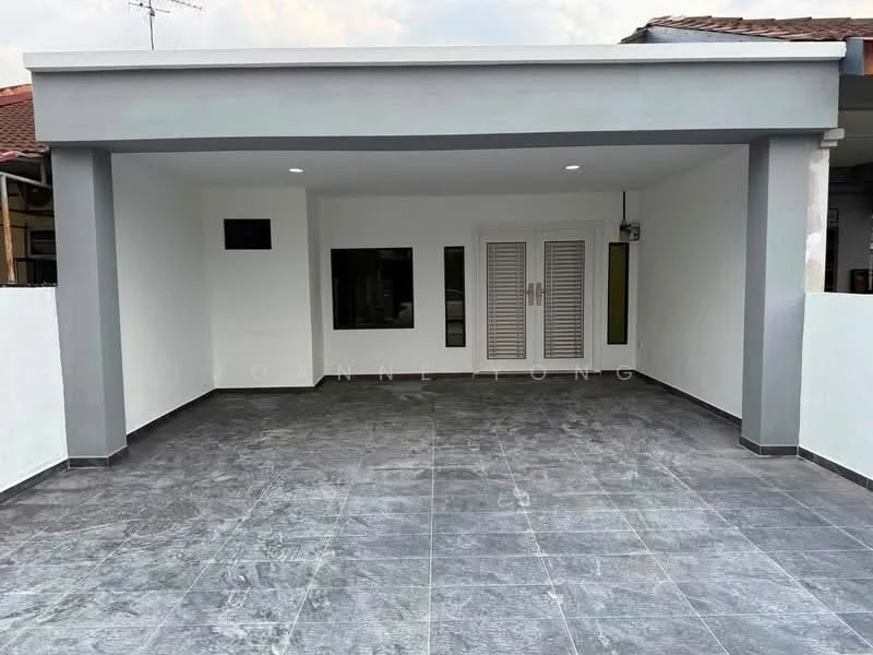Exterior features: grey painted facade, flat roof, manicured lawn, sliding glass door, large windows, grey tiled flooring, white painted walls, double doors with louvered panels, outdoor space, surrounded by white fence; style: modern.