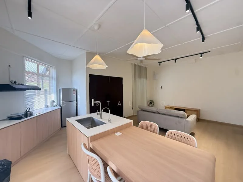 Kitchen features: single-bowl stainless-steel sink, chrome pull-down faucet, wood cabinetry, white countertop, built-in oven, stainless-steel fridge, ceramic tile flooring, recessed downlights, pendant lights, open-plan layout, kitchen island with seating; style: modern. Living features: 3-seater fabric sofa in light grey, wooden coffee table, TV console, wall-mounted TV, area rug, large windows, light-colored walls, wooden flooring; style: modern.
