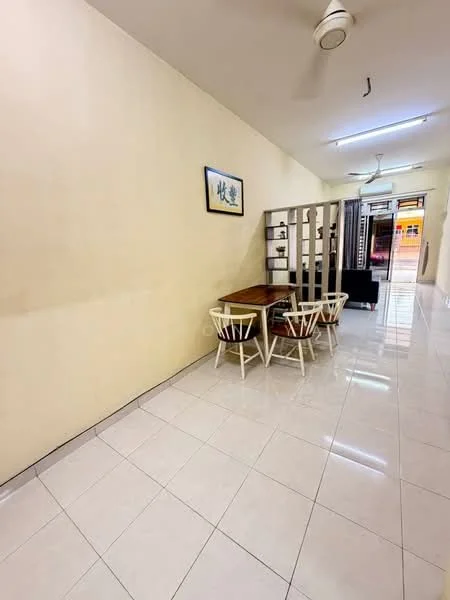 Dining features: white painted walls, glossy ceramic tile flooring, wood dining table, 4 white wooden dining chairs, ceiling fan, decorative wall art, open shelving unit, natural light from windows; style: minimalist.