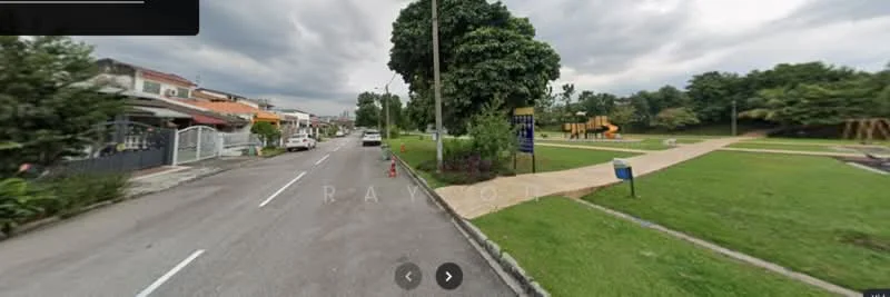 Exterior type: linked terrace house; features: manicured lawn, paved walkway, mature trees, playground equipment, street view, residential street, surrounded by greenery; style: modern.