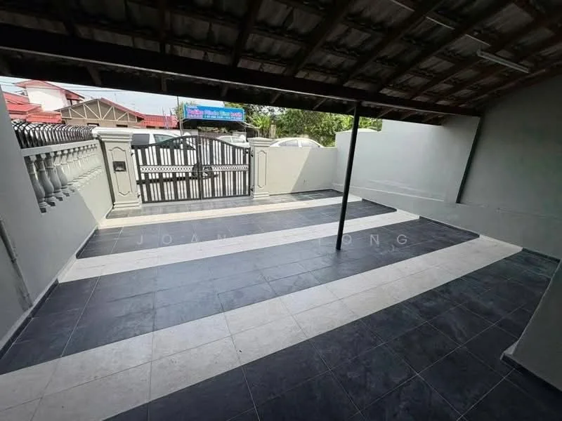 Exterior features: paved flooring with black and white tiles, covered area with roof, fenced perimeter, gate at entrance, open space, surrounded by walls; style: modern.