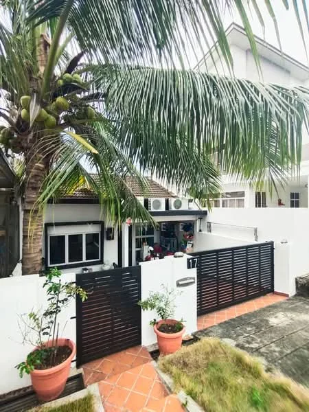 Exterior type: detached bungalow; features: white painted facade, black metal gate, paved walkway, landscaped garden, potted plants, palm trees, single-storey, tile roof, fenced perimeter, driveway; style: modern.
