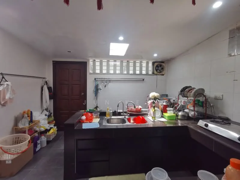 Kitchen features: black countertop, single-bowl stainless-steel sink, chrome pull-down faucet, built-in stove, wall-mounted fan, white tiled walls, grey tile flooring, open shelving, cabinets with glass doors, various kitchen utensils and containers, window for natural light, recessed LED downlights; style: modern.