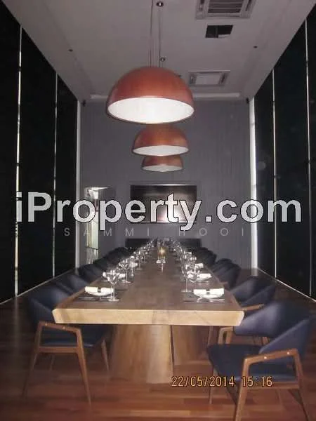 Dining features: long wooden dining table, upholstered dining chairs, three large pendant lights, dark wood flooring, blackout curtains, decorative wall art, table setting with plates and cutlery, high ceiling with air conditioning vents; style: modern.