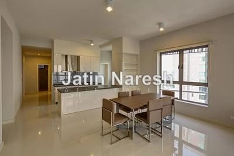 Dining features: dining table with 4 chairs, white walls, glossy tile flooring, large windows with city view, recessed downlights, open layout to kitchen, neutral color palette, modern design; style: modern; view: city. Kitchen features: white cabinetry, stainless-steel appliances, granite countertop, open layout to dining area, pendant lighting, tile backsplash; style: modern.