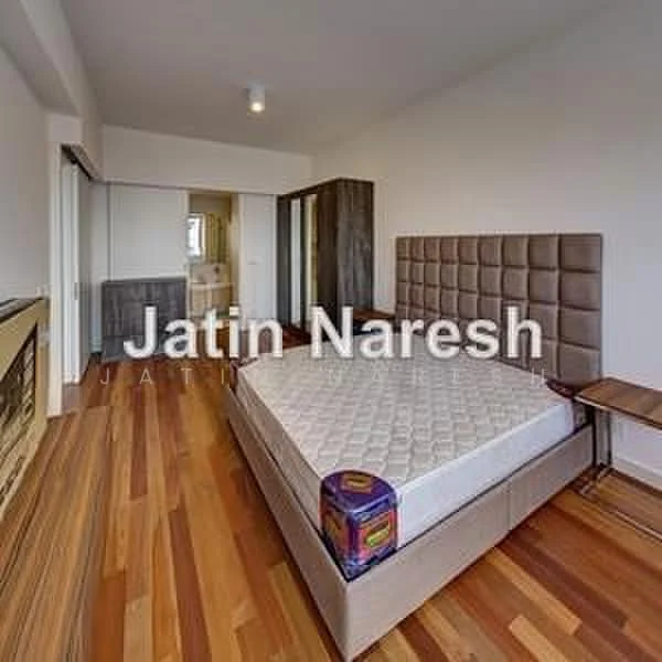 Bedroom features: king-size bed, upholstered headboard, wooden flooring, built-in wardrobe, nightstand, recessed ceiling light, large window, neutral wall colour; style: modern.