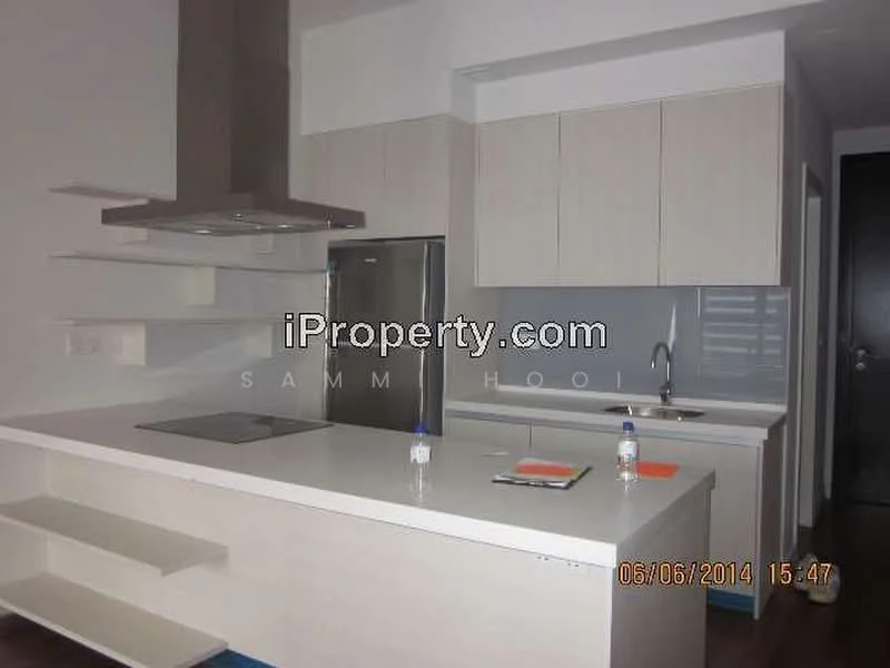 Kitchen features: white cabinetry with flat-panel doors, stainless-steel refrigerator, white quartz countertop, kitchen island with seating, built-in oven, stainless-steel range hood, single-bowl stainless-steel sink, chrome pull-down faucet, grey backsplash, open shelving, modern lighting fixture; style: modern.