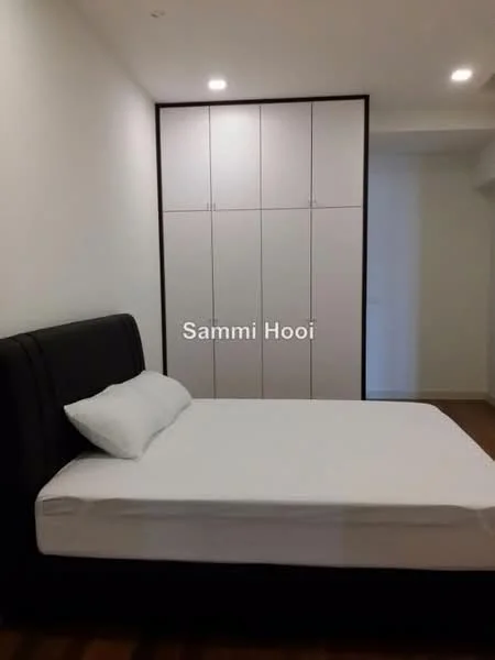 Bedroom features: king-size bed with black upholstered headboard, white bedding, built-in wardrobe with sliding doors, wooden flooring, white painted walls, recessed ceiling lights, no visible window treatments; style: modern.