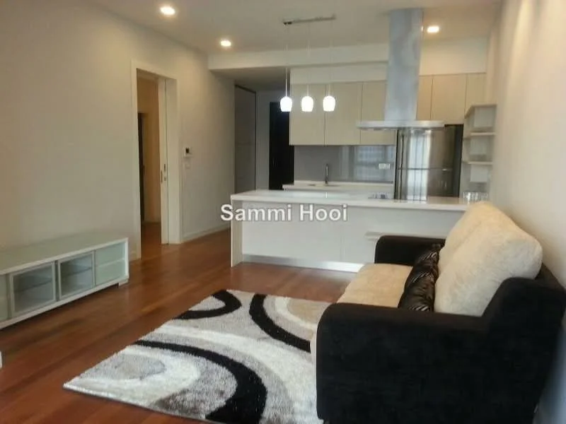 Living features: 3-seater black fabric sofa, area rug with abstract pattern, wooden flooring, white painted walls, ceiling with recessed downlights, open kitchen layout, kitchen island with seating, stainless-steel range hood, pendant lights above kitchen island, built-in cabinetry, floor-to-ceiling windows, TV console; style: modern.