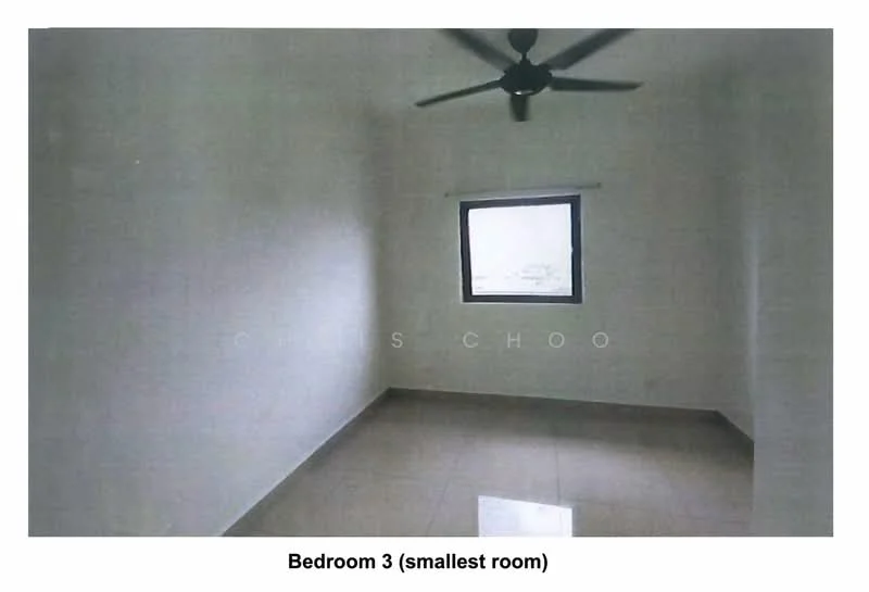 Bedroom features: white painted walls, glossy ceramic tile flooring, single window, ceiling fan.