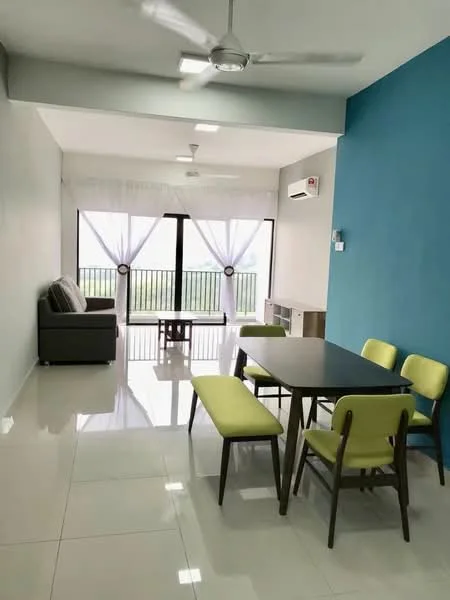 Living features: 3-seater fabric sofa in grey, coffee table, dining table with 4 chairs, floor-to-ceiling windows, white painted walls, blue accent wall, polished tile flooring, ceiling fan, sheer curtains, wall-mounted air conditioning unit; style: modern; view: garden.