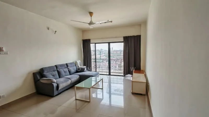 Living features: 3-seater fabric sofa in grey, glass coffee table, floor-to-ceiling windows, sliding glass door, curtains in dark grey, ceiling fan, light-colored painted walls, glossy ceramic tile flooring; style: modern; view: city.