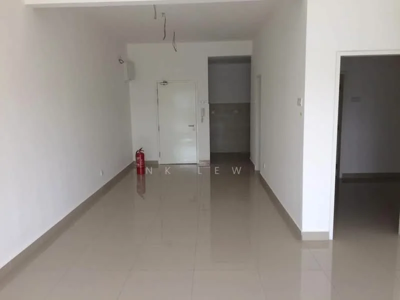Room features: white painted walls, glossy ceramic tile flooring, ceiling with exposed wiring, fire extinguisher on wall, door to adjacent room, door to bathroom, neutral color scheme, open layout; style: modern.