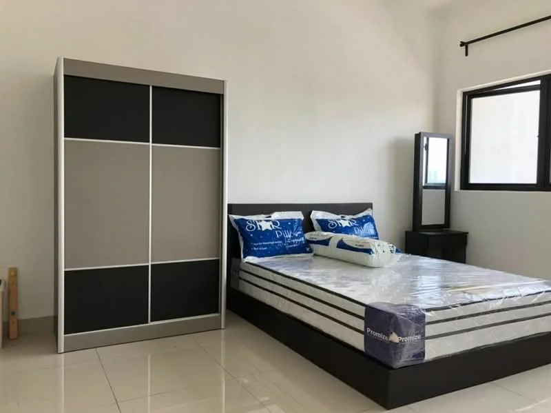 Bedroom features: queen-size bed with mattress, upholstered headboard, two bedside tables, black wardrobe with sliding doors, full-length mirror, white walls, tile flooring, window with black frame, decorative pillows, bed linens, minimalist decor; style: modern.