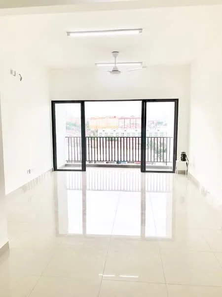 Living features: white painted walls, glossy porcelain tile flooring, 5-blade ceiling fan with light, floor-to-ceiling sliding glass doors, black metal railing, natural light from large windows, neutral color scheme, minimalist decor; style: modern; view: city.