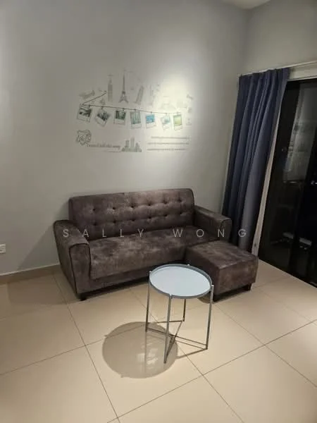 Living features: 3-seater fabric sofa in grey, small round coffee table with metal legs, cream painted walls, tile flooring, floor-to-ceiling sliding glass door, blue curtains, decorative wall art, ambient lighting; style: modern.