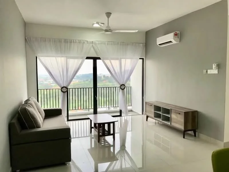 Living features: 3-seater fabric sofa in grey, wooden coffee table, TV console with glass doors, floor-to-ceiling windows, sheer curtains, wall-mounted split AC, white painted walls, glossy tile flooring, ceiling fan with light, balcony view; style: modern; view: garden.
