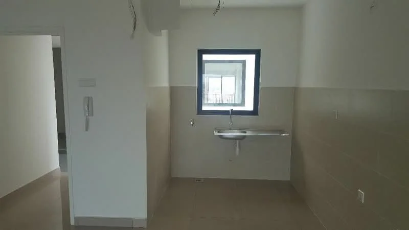 Laundry features: single-bowl stainless-steel sink, wall-mounted faucet, white painted walls, beige tiled walls, tile flooring, window with blue frame, light fixture wiring visible, open layout, utility area.