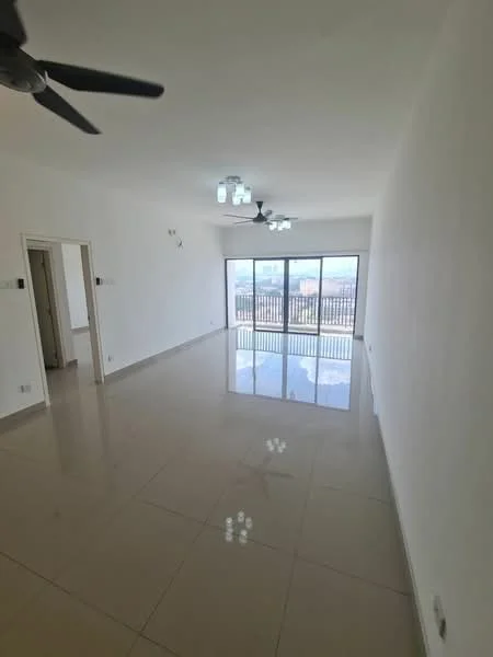Living features: white painted walls, glossy ceramic tile flooring, 5-blade ceiling fan, recessed LED downlights, large floor-to-ceiling windows, sliding glass door, balcony access, city view; style: modern; view: city.