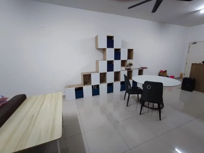 Room features: white painted walls, glossy tile flooring, ceiling fan, dining table, black dining chairs, wooden side table, modular shelving unit with blue and white compartments; style: modern.