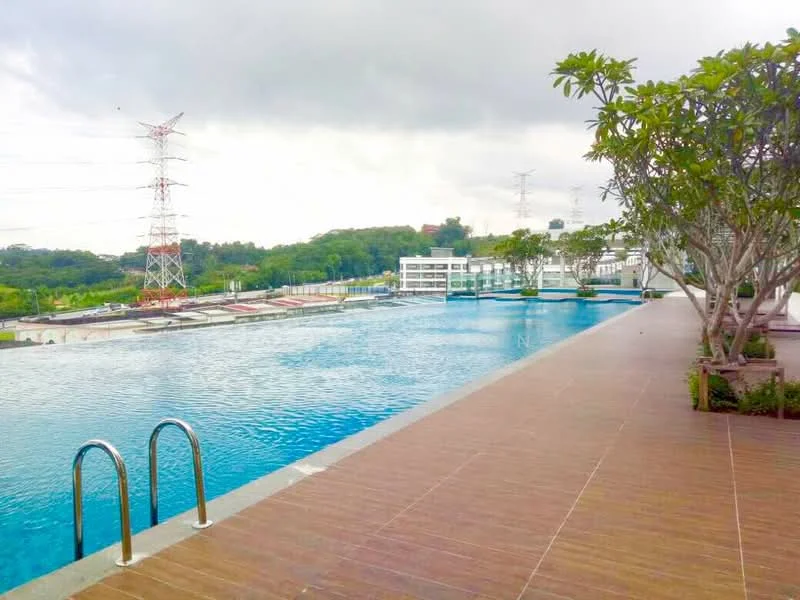 Exterior type: swimming pool deck; features: infinity pool, pool deck with loungers, surrounded by tropical landscaping, manicured lawn, view of greenery, power lines in background, modern design, paved walkway; style: modern.