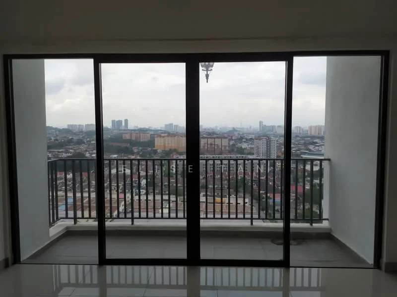 Room features: floor-to-ceiling windows, sliding glass door, balcony railing, grey tiled flooring, city skyline view; style: modern; view: city.