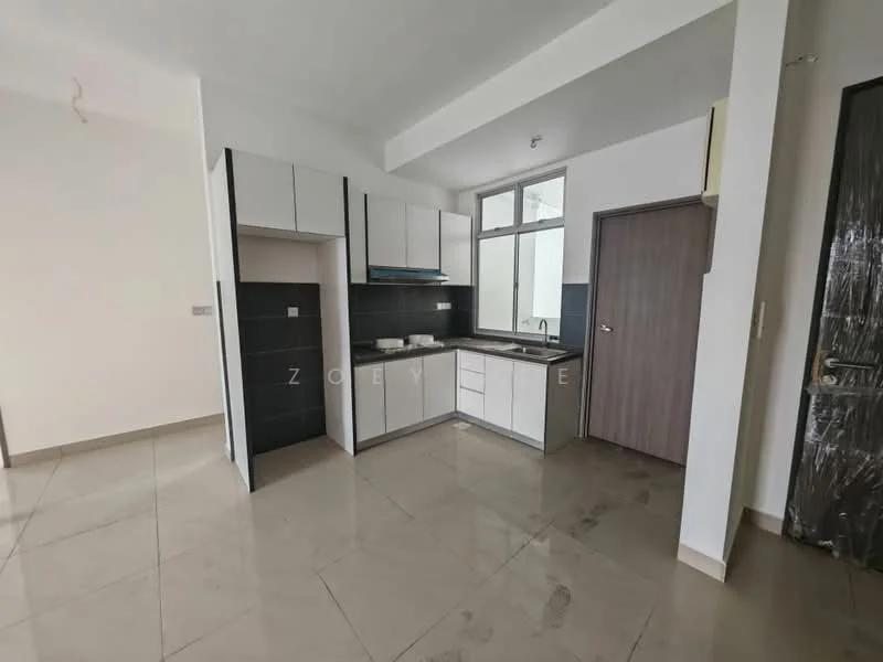 Kitchen features: white cabinetry with flat-panel doors, black countertop, stainless-steel sink, chrome pull-down faucet, built-in stove, wall-mounted kitchen hood, tile backsplash, ceramic tile flooring, large window for natural light, open layout, recessed lighting, neutral wall color; style: modern.
