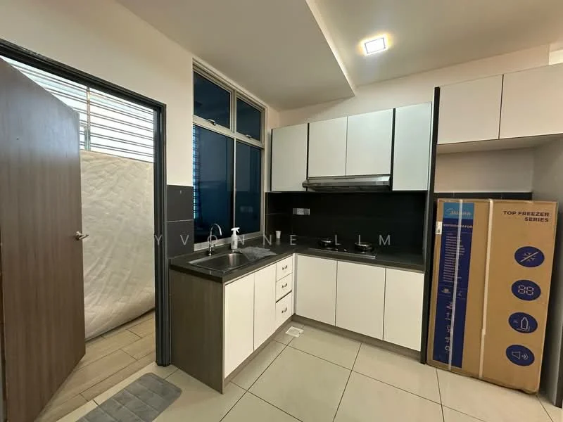 Kitchen features: white cabinetry with flat-panel doors, black countertop, stainless-steel sink, chrome pull-down faucet, built-in oven, freestanding fridge, ceramic tile flooring, wall-mounted range hood, window with horizontal slats, light fixture in ceiling; style: modern. Room features: door leading to another room, mattress visible in background.