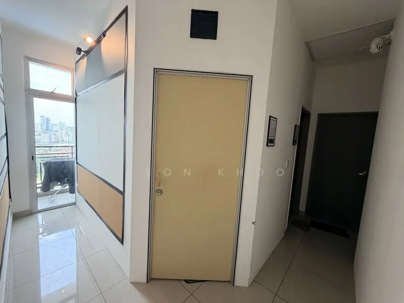 Room features: white painted walls, glossy tile flooring, door with a beige finish, window with city view, ceiling with recessed lighting, corner wall with no visible decor, hallway leading to another room, air conditioning vent; style: modern; view: city.
